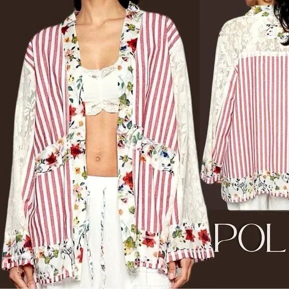 POL Lace Boho Striped Cardigan Layering Kimono Floral Patchwork Detail Med NEW - Picture 1 of 10